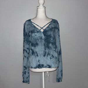Aeropostale Womens M Blue Tie Dye Wrap Top Faux Surplice Boho Long Sleeve
